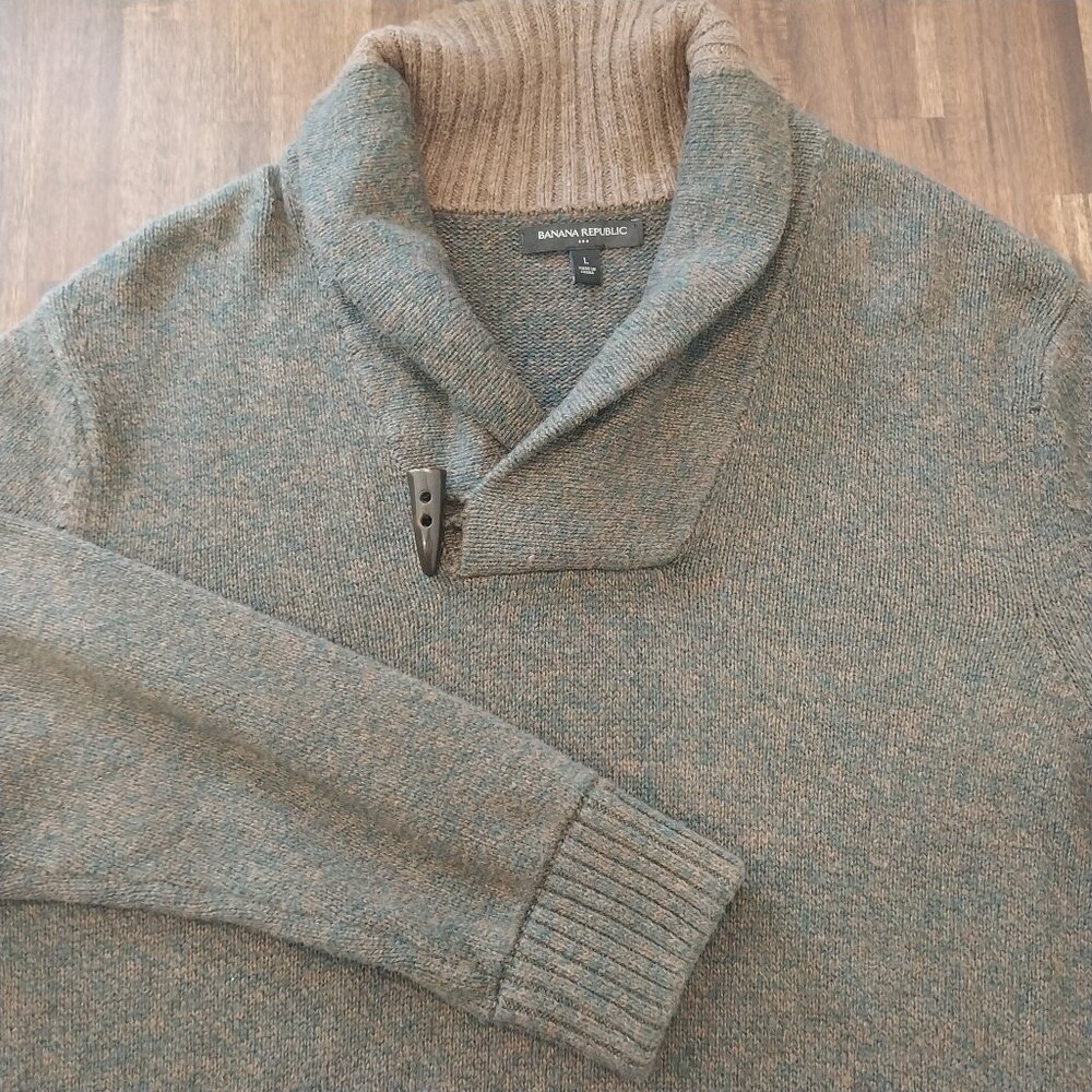 Banana Republic Sweater Mens L Green Wool Cotton Chunky Shawl Collar Horn Button